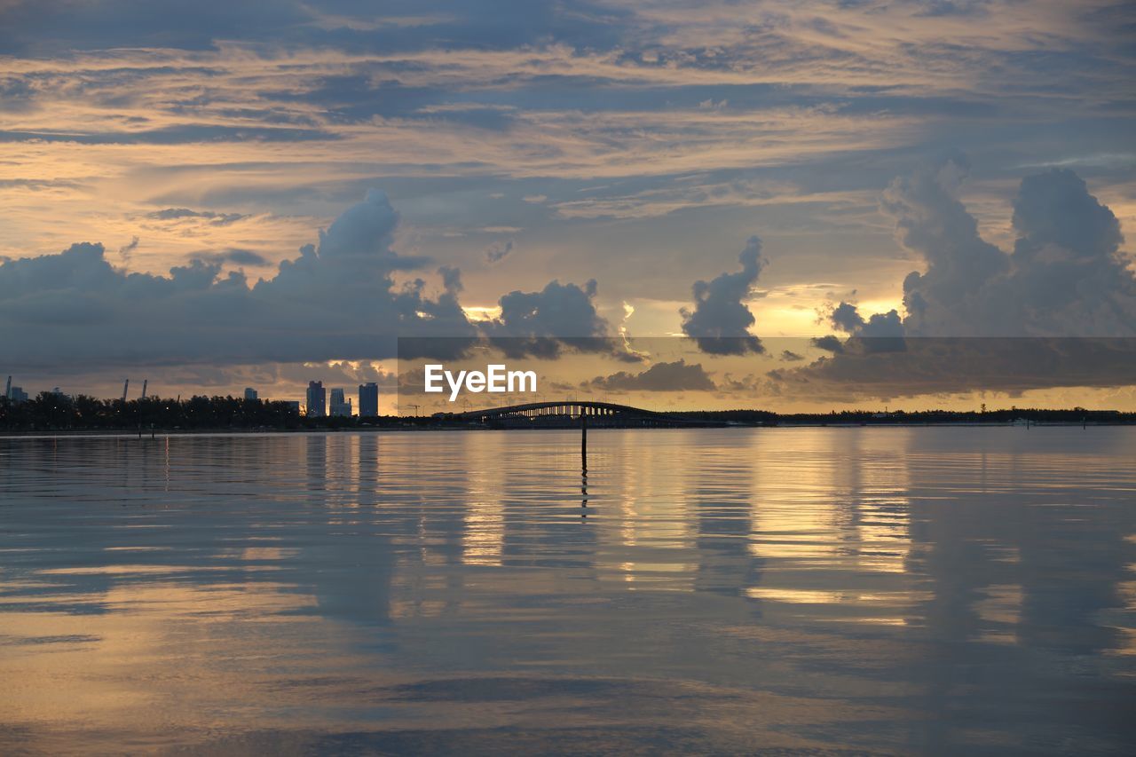 Reflection of clouds in sea at sunset