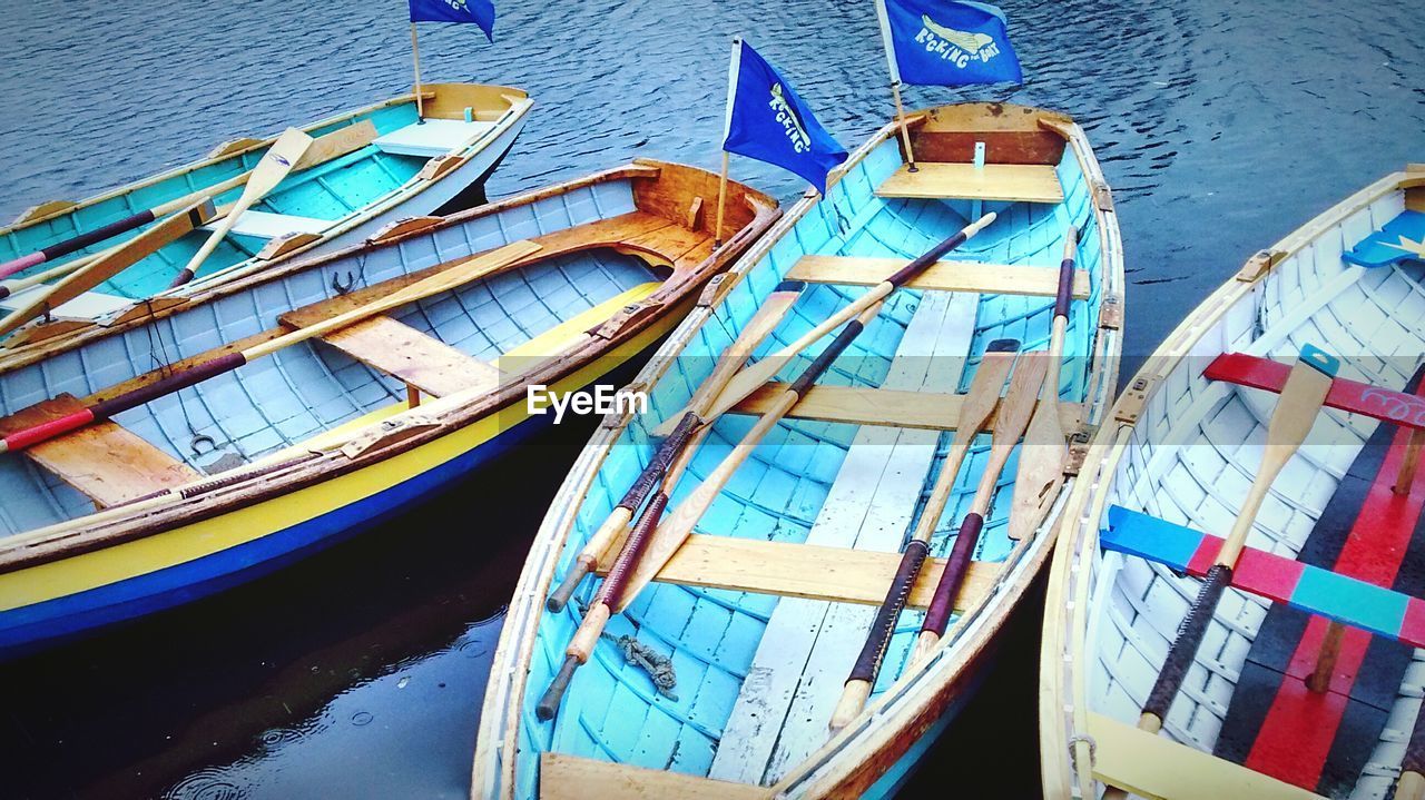 High angle view of boats moored on river