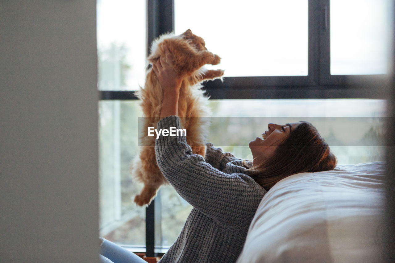 Cat sitting on man looking at window