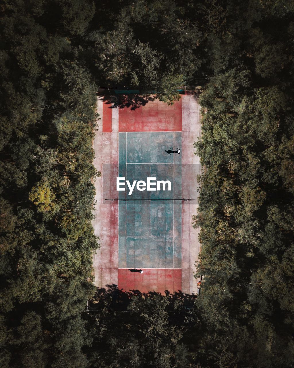 Aerial view of friends playing at sport court against trees in forest