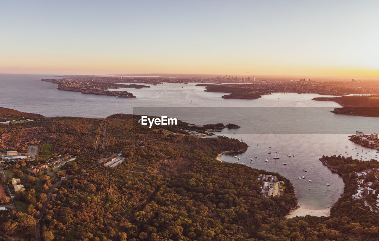 Aerial drone evening view of the sydney suburb of manly, sydney, new south wales, australia.