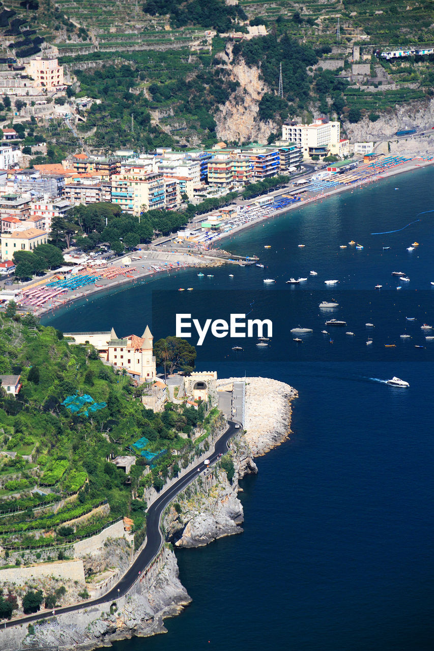 High angle view of buildings by sea at ravello