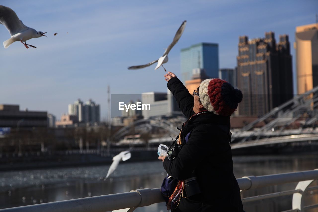 Woman feeding seagulls over river in city