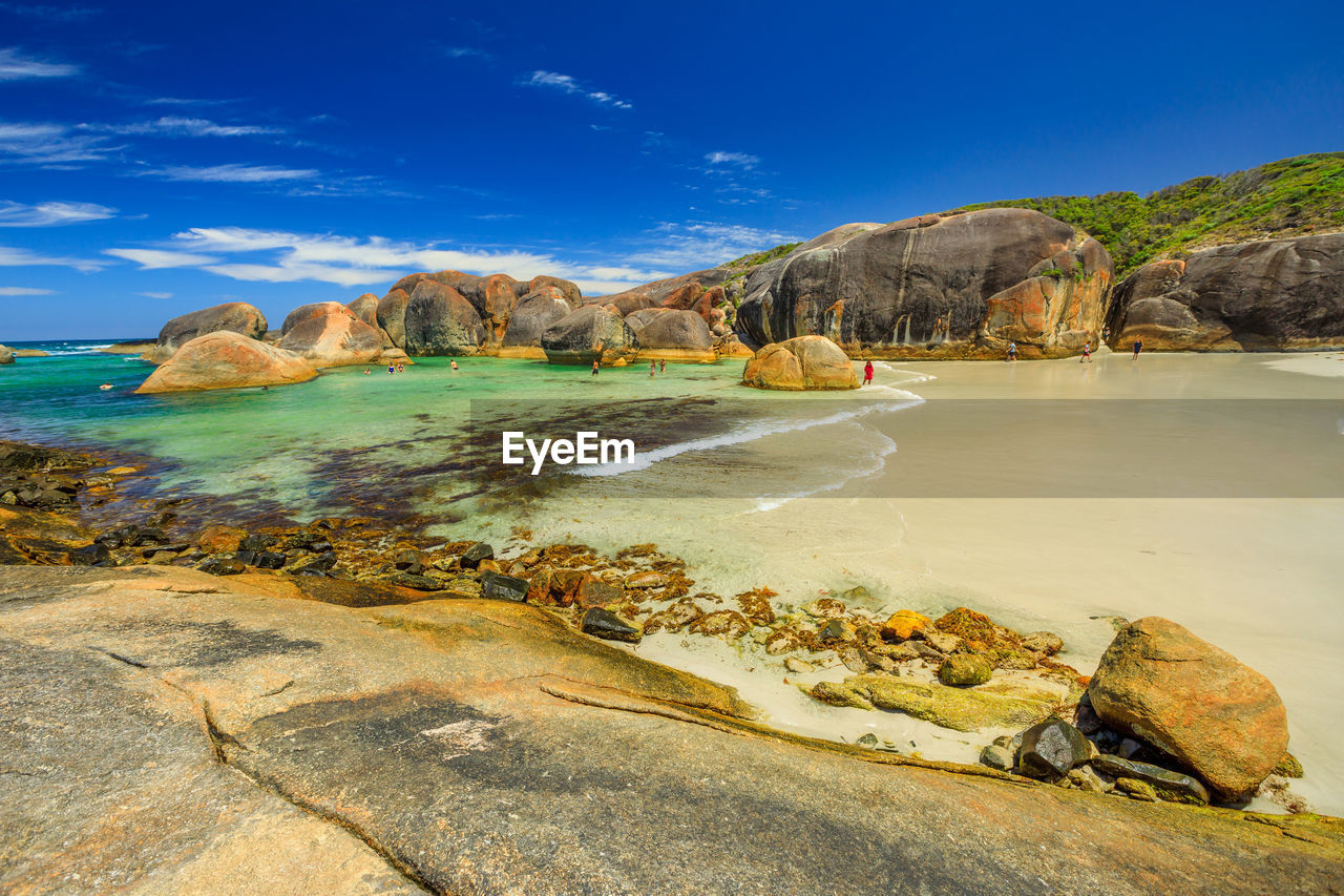 SCENIC VIEW OF ROCKS ON BEACH AGAINST SKY