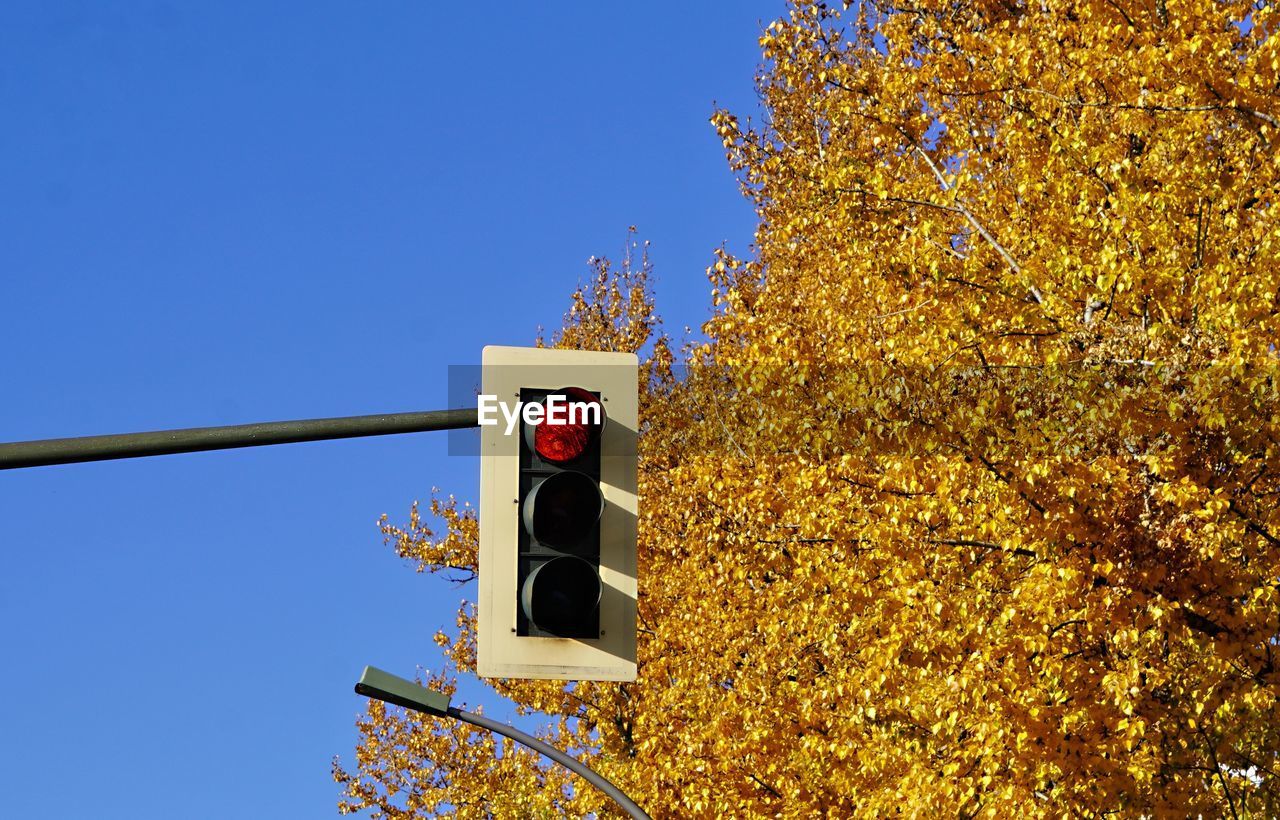 Low angle view of road sign against clear blue sky