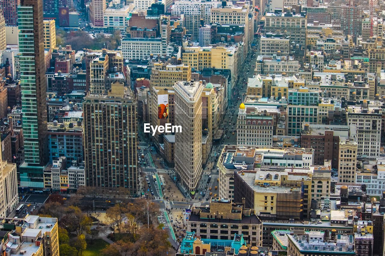 High angle view of modern buildings in city