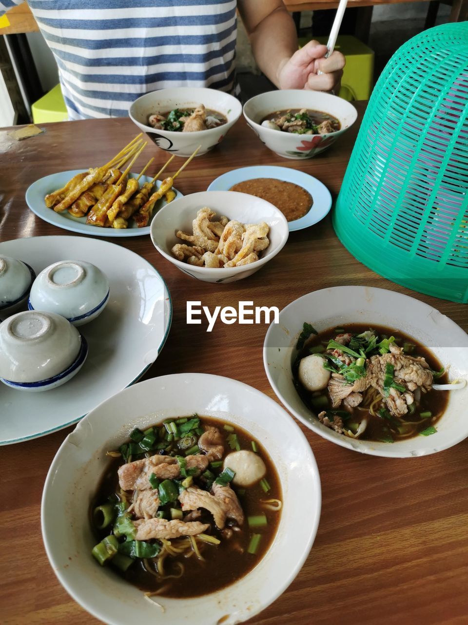 High angle view of food served on table