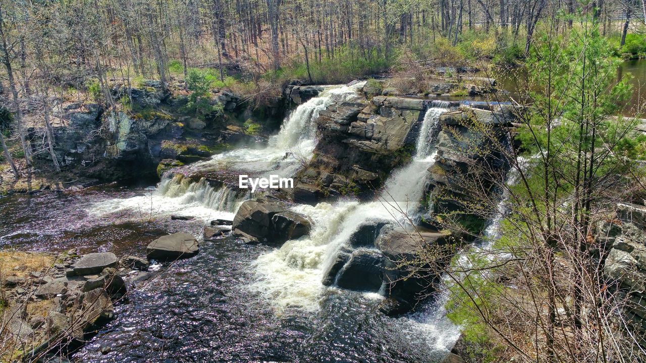 Waterfall along trees with stream in foreground