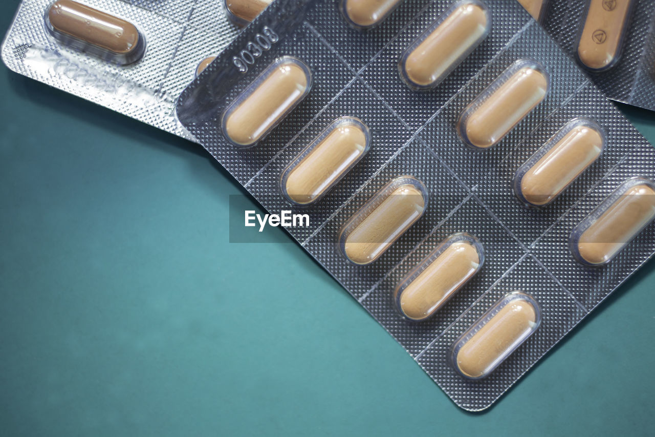 High angle view of medicines on table