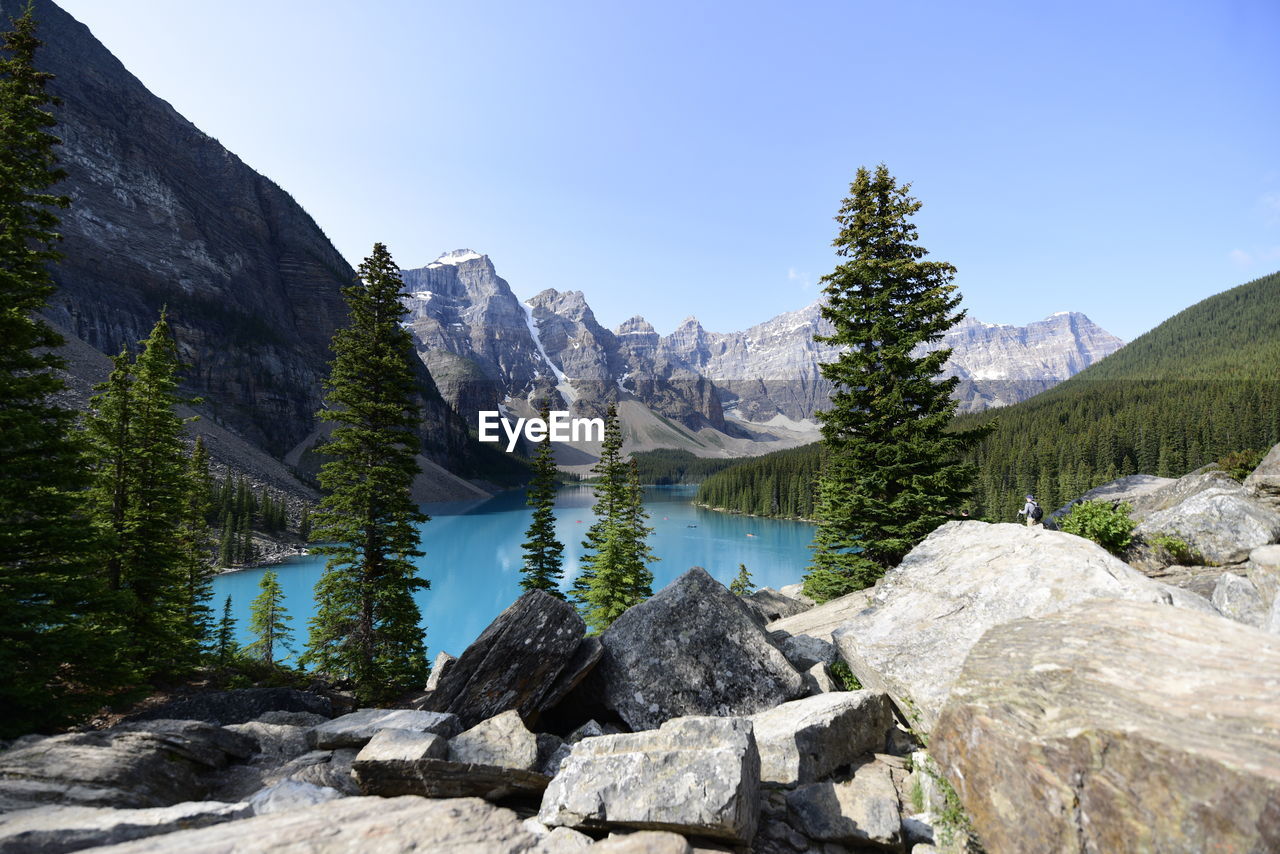 Panoramic view of lake and mountains against clear sky