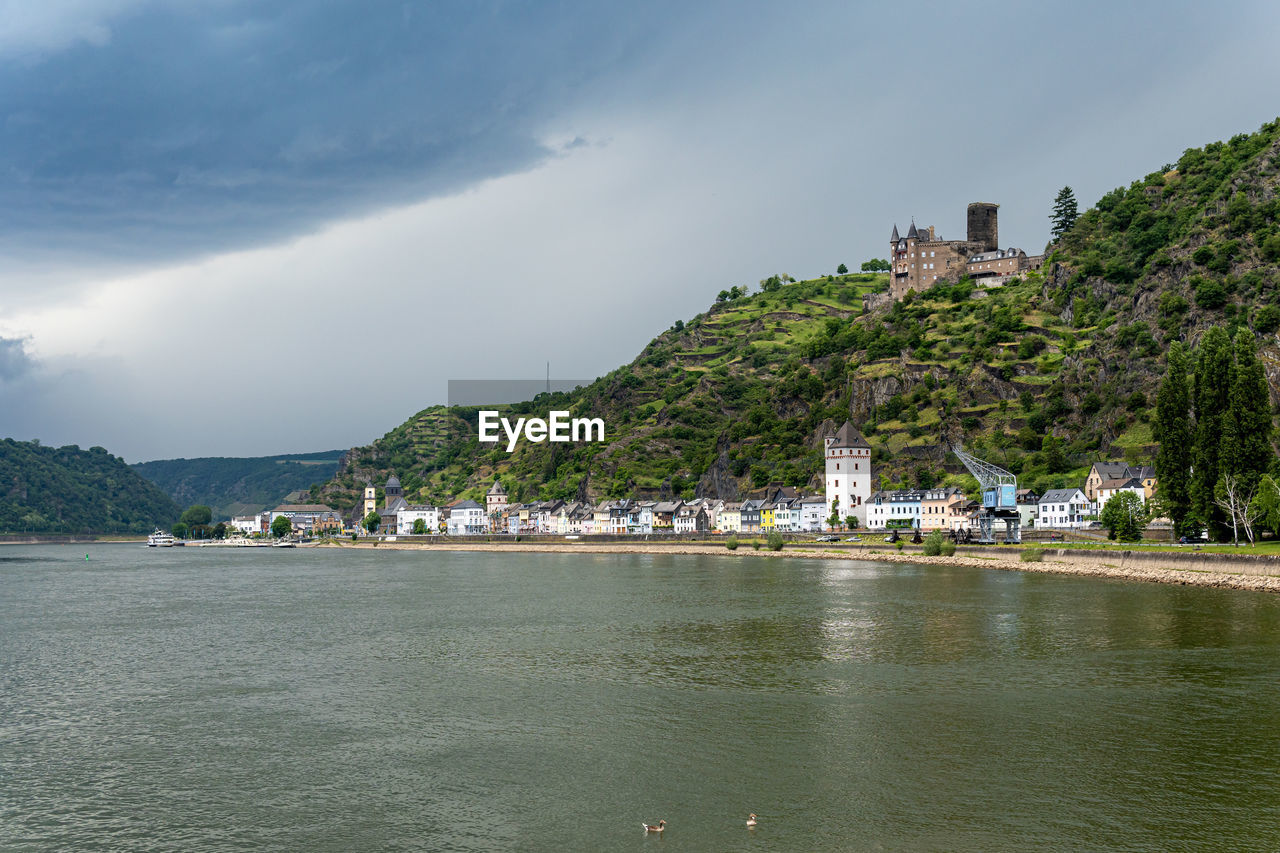 Sankt goar and the river rhine. above sankt goar the castle katz.