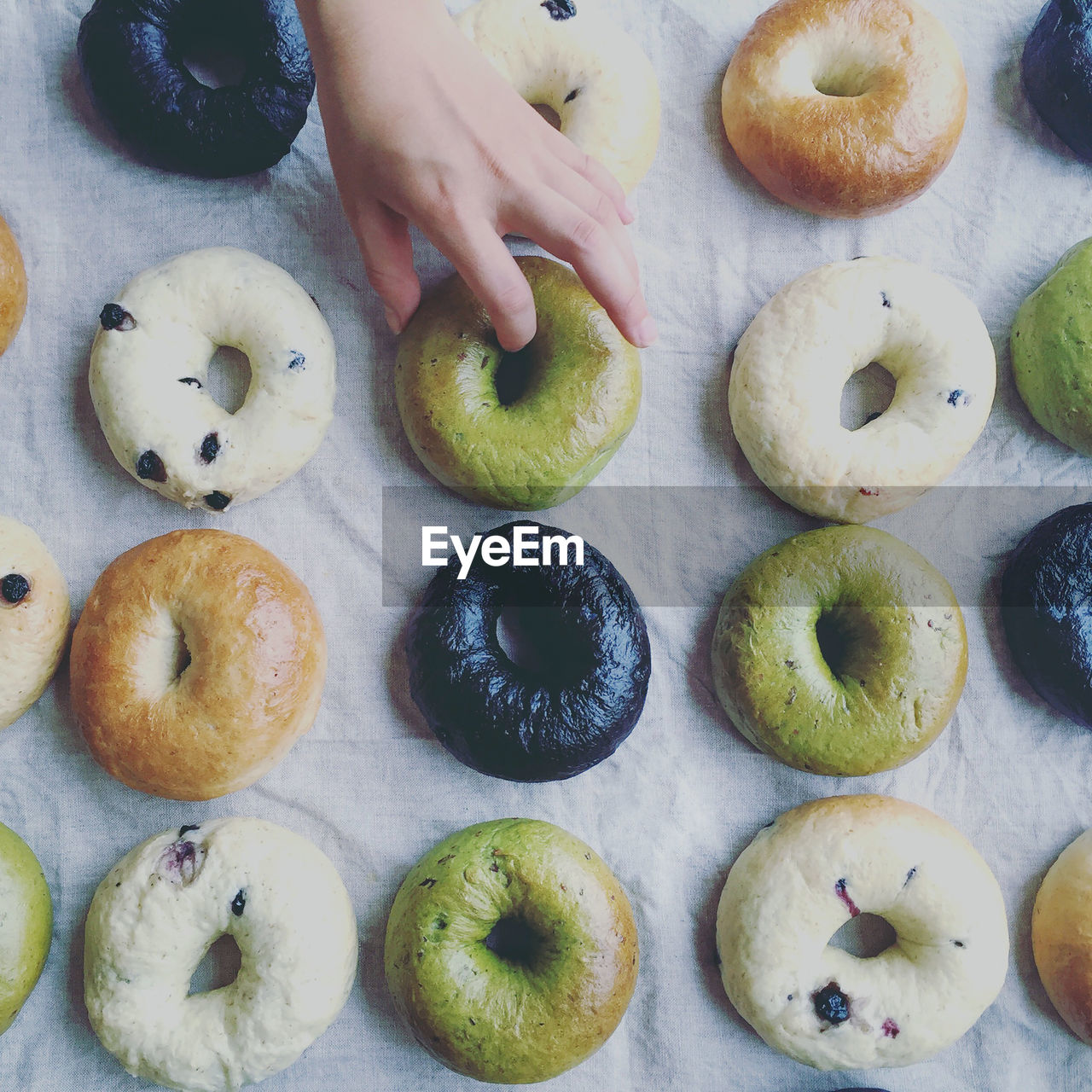 High angle view of bagels 