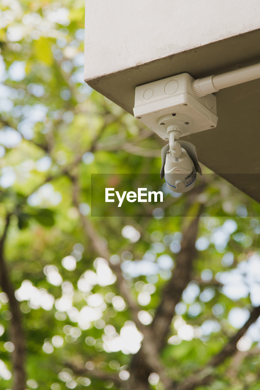 Low angle view of security camera on ceiling against trees