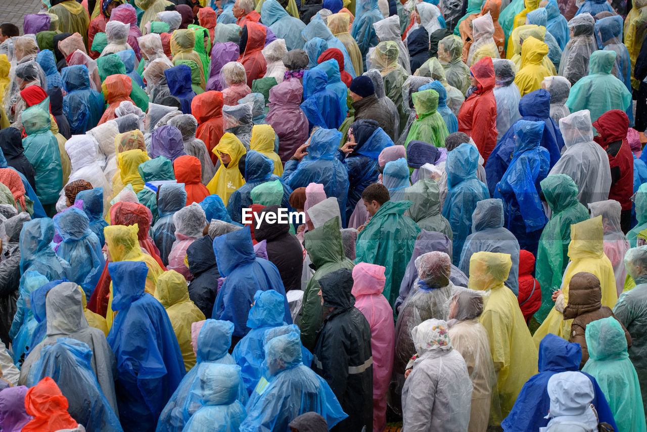 High angle view of people wearing raincoat