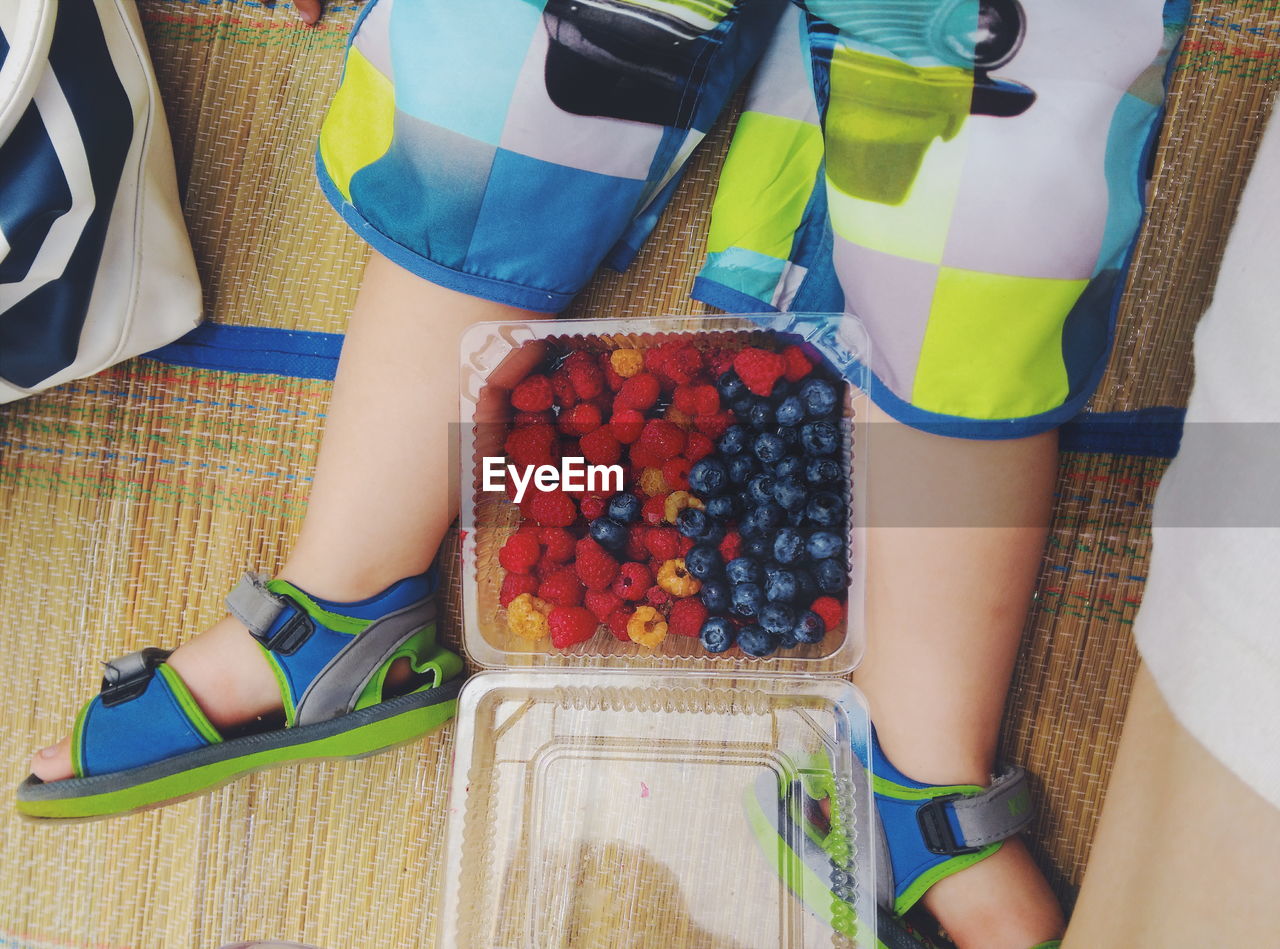 Low section of child with berries in container