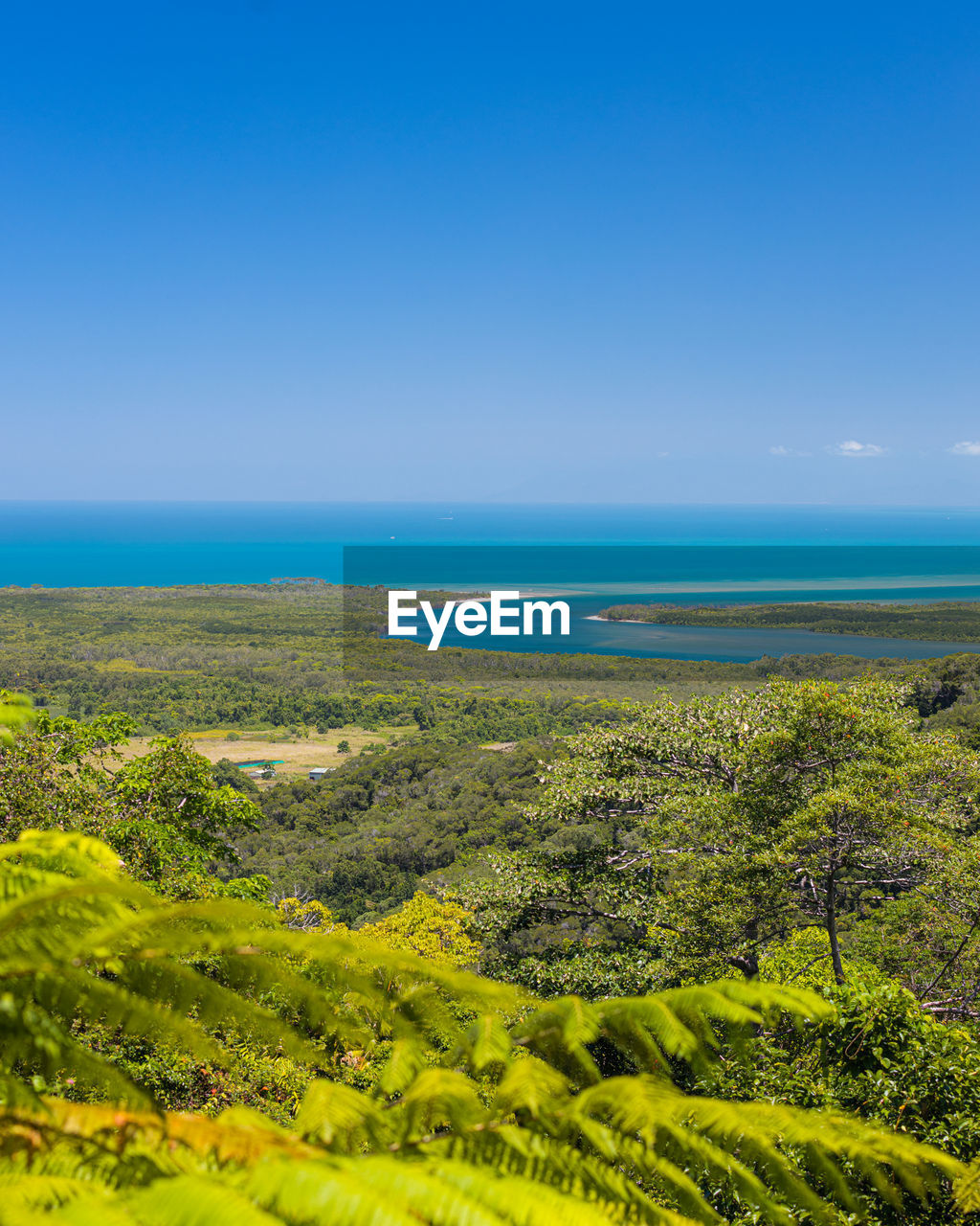 Scenic view of sea against clear blue sky