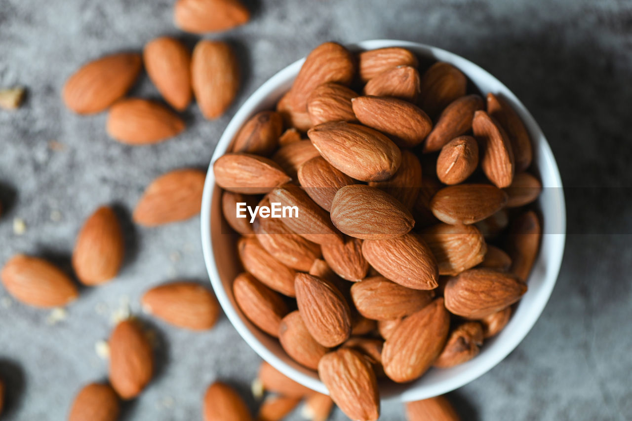 high angle view of almonds in bowl
