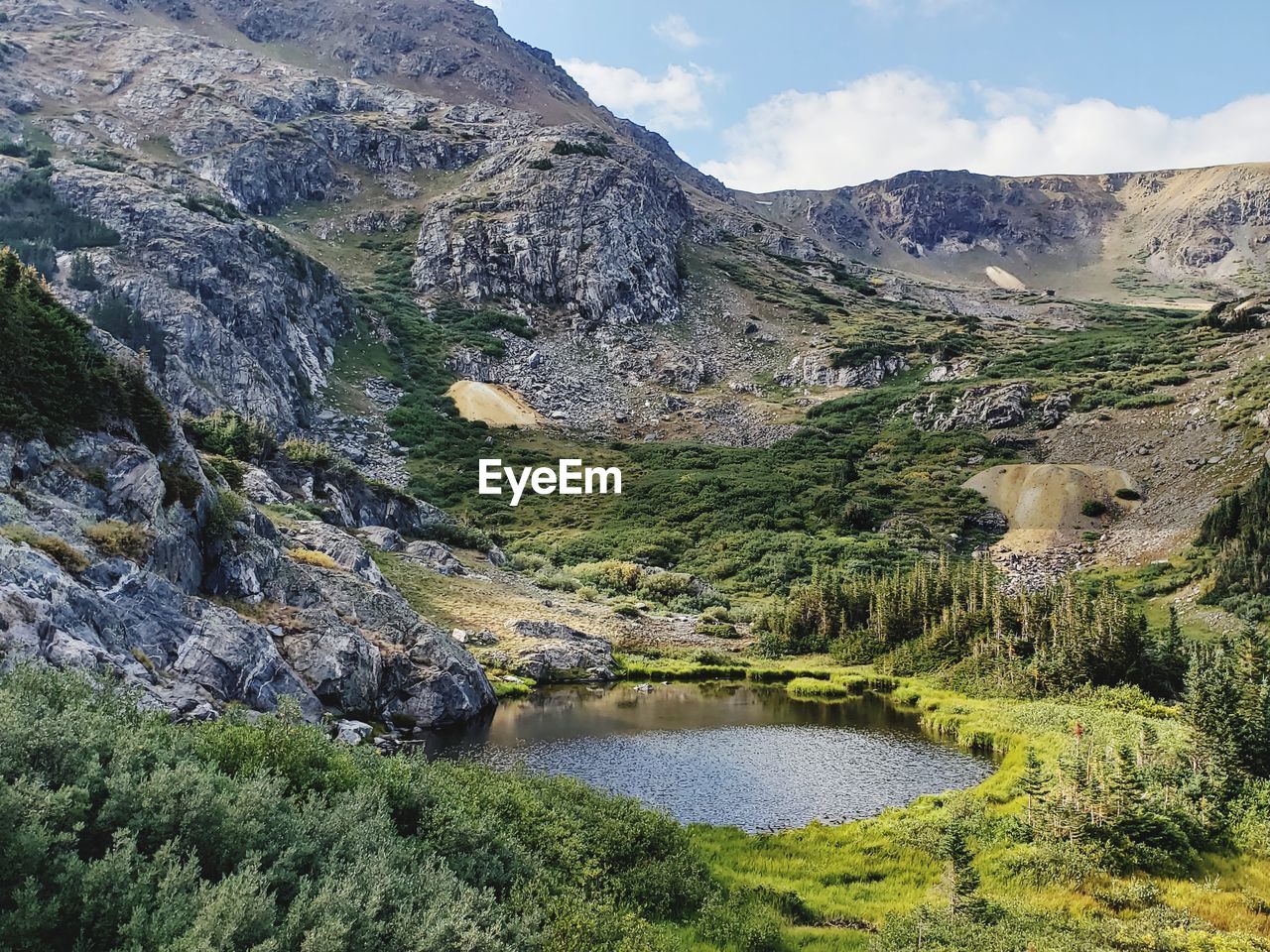 Scenic view of lake and mountains against sky