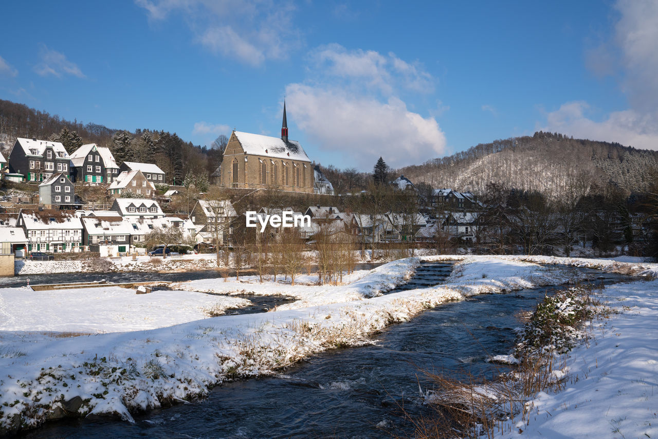 Panoramic image of beyenburg close to wuppertal on a winter day, bergisches land, germany