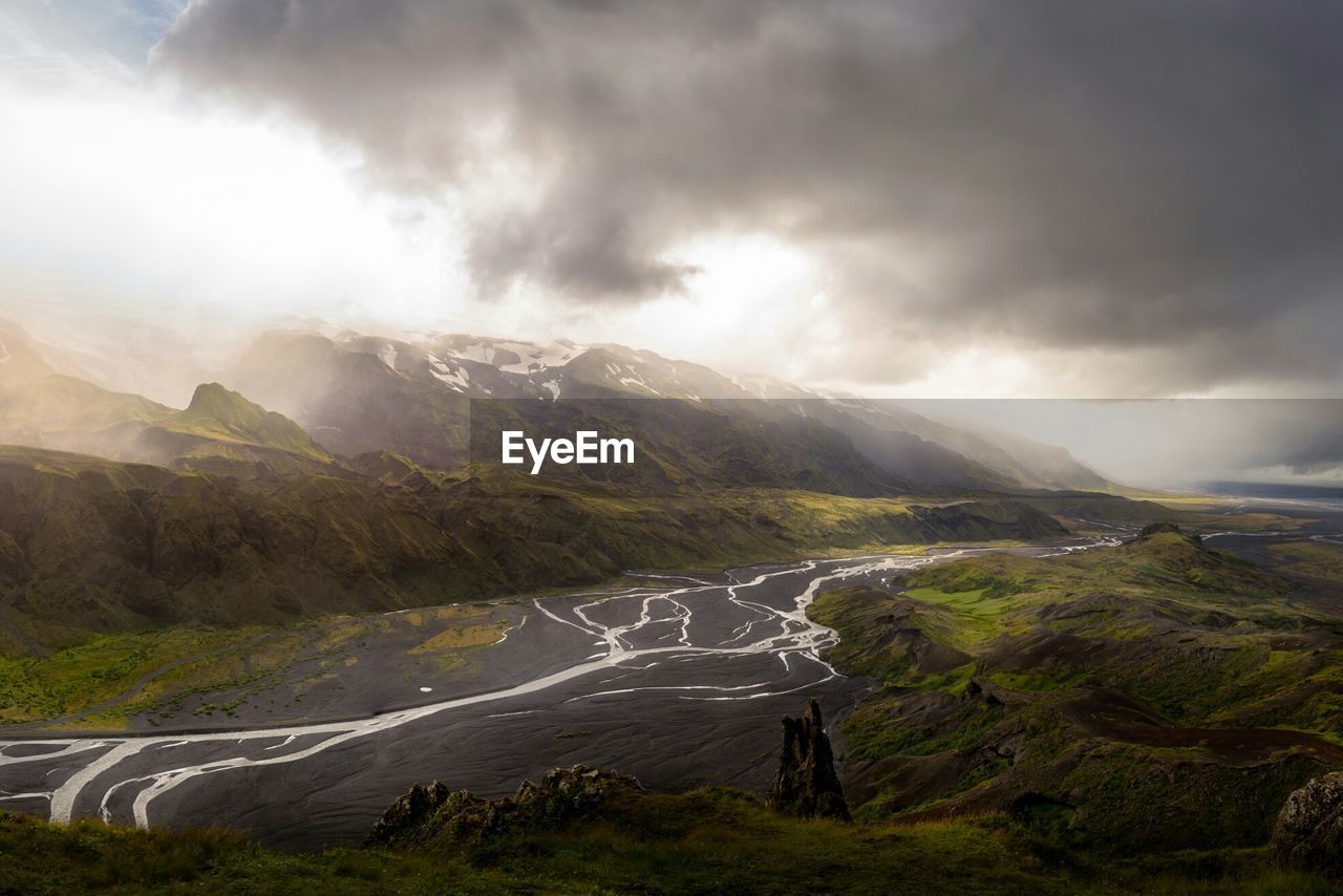 SCENIC VIEW OF MOUNTAINS AGAINST CLOUDY SKY