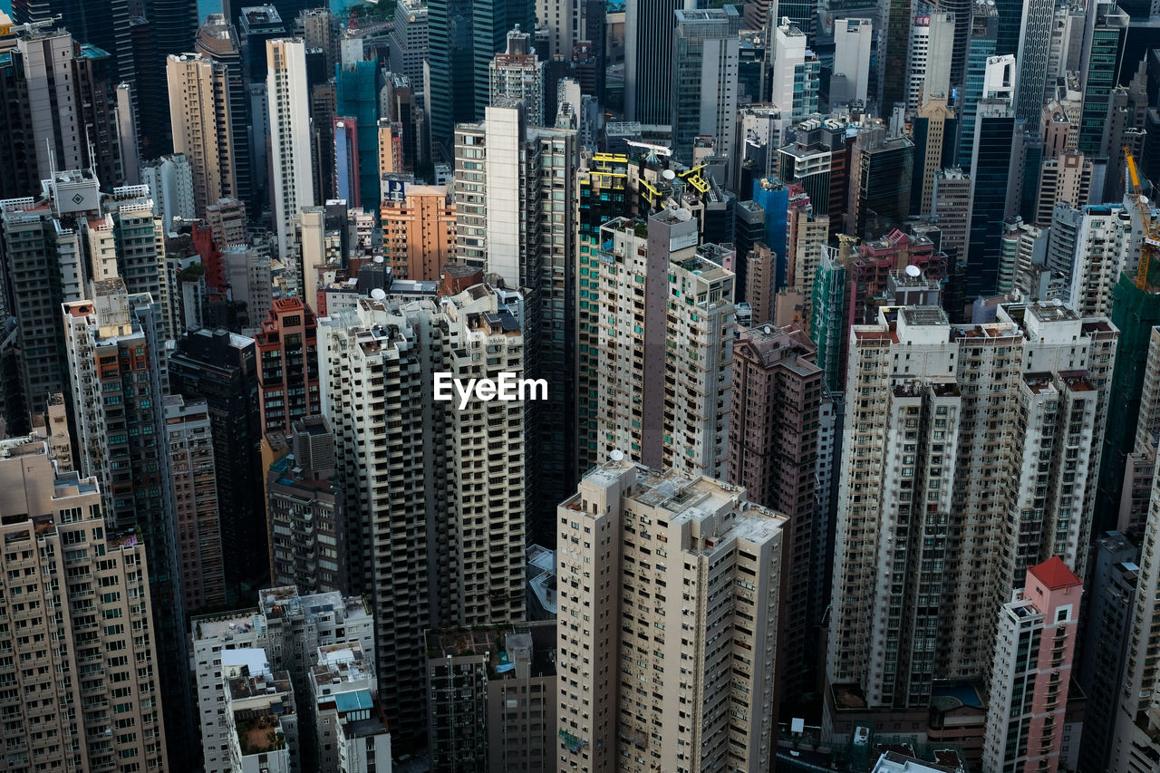 High angle view of modern buildings in city