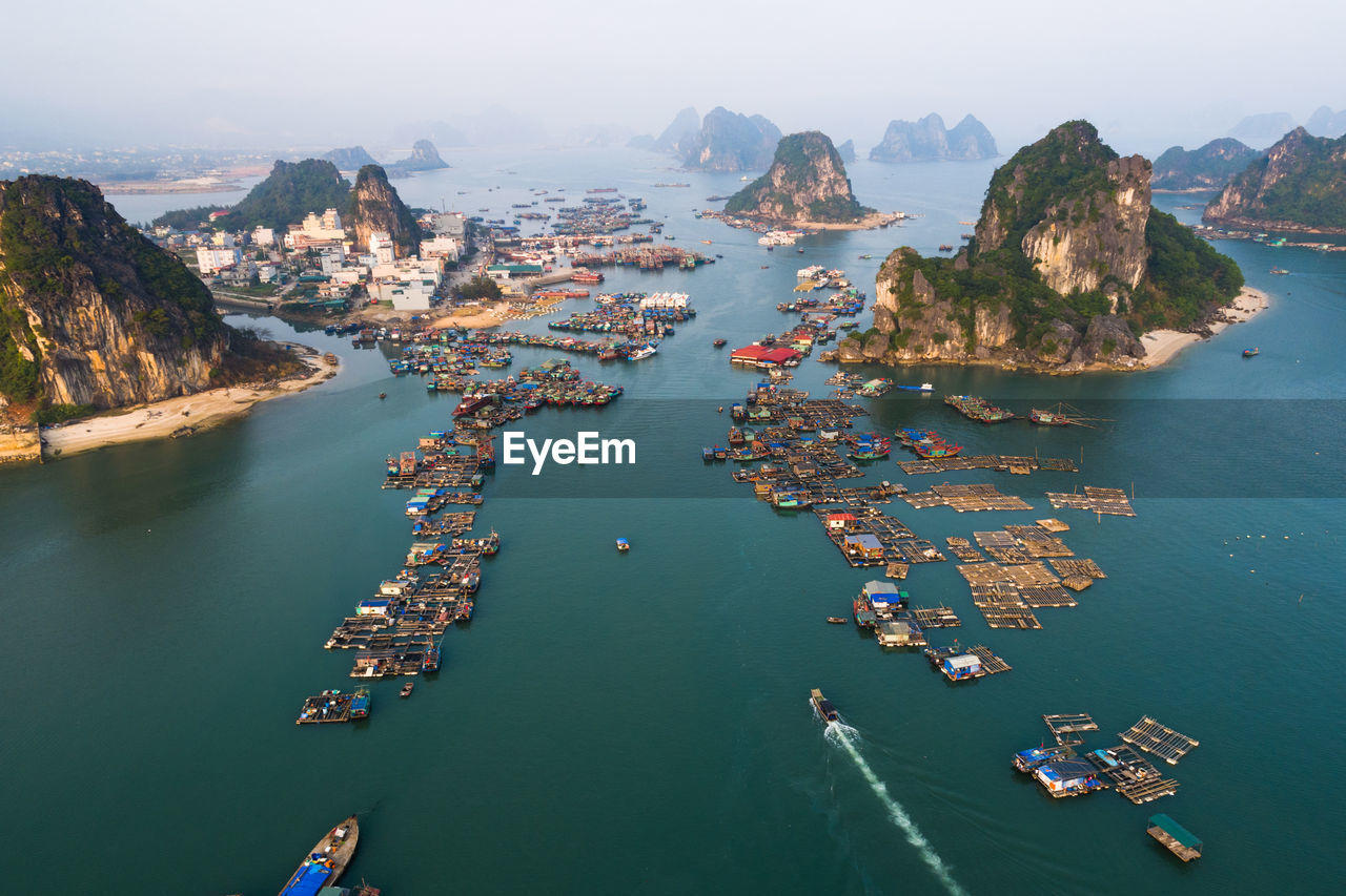 High angle view of boats in sea