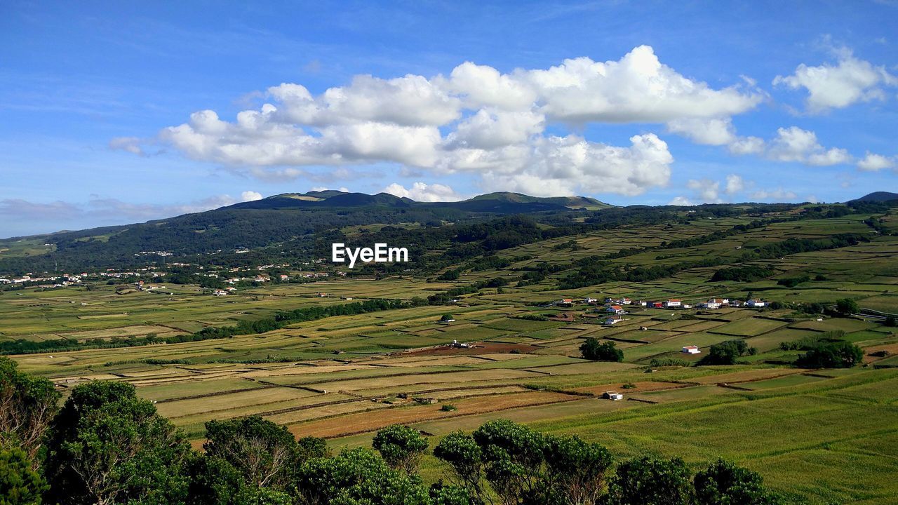 Scenic view of field against cloudy sky