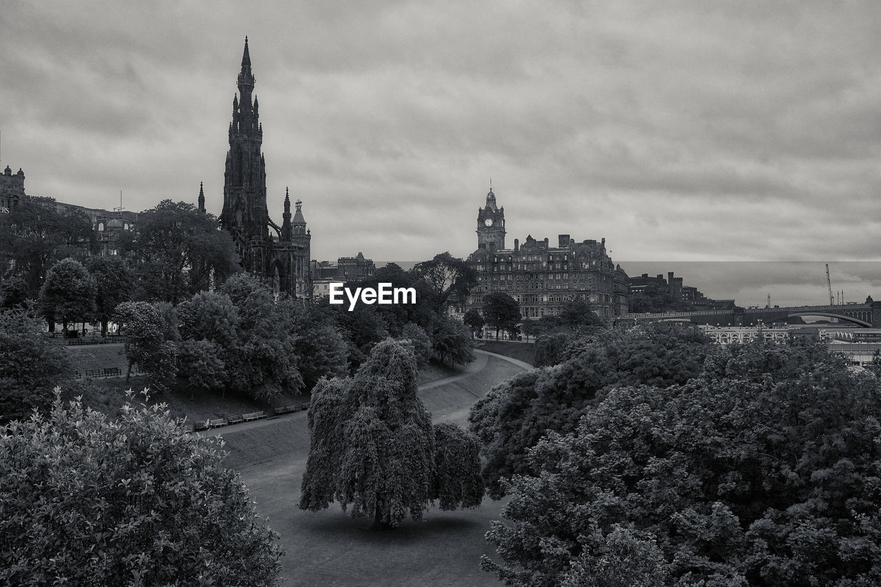 High angle view of buildings against cloudy sky in edinburgh scotland