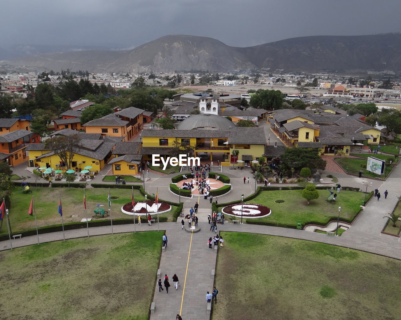 High angle view of mitad del mundo, pichincha, equador against sky