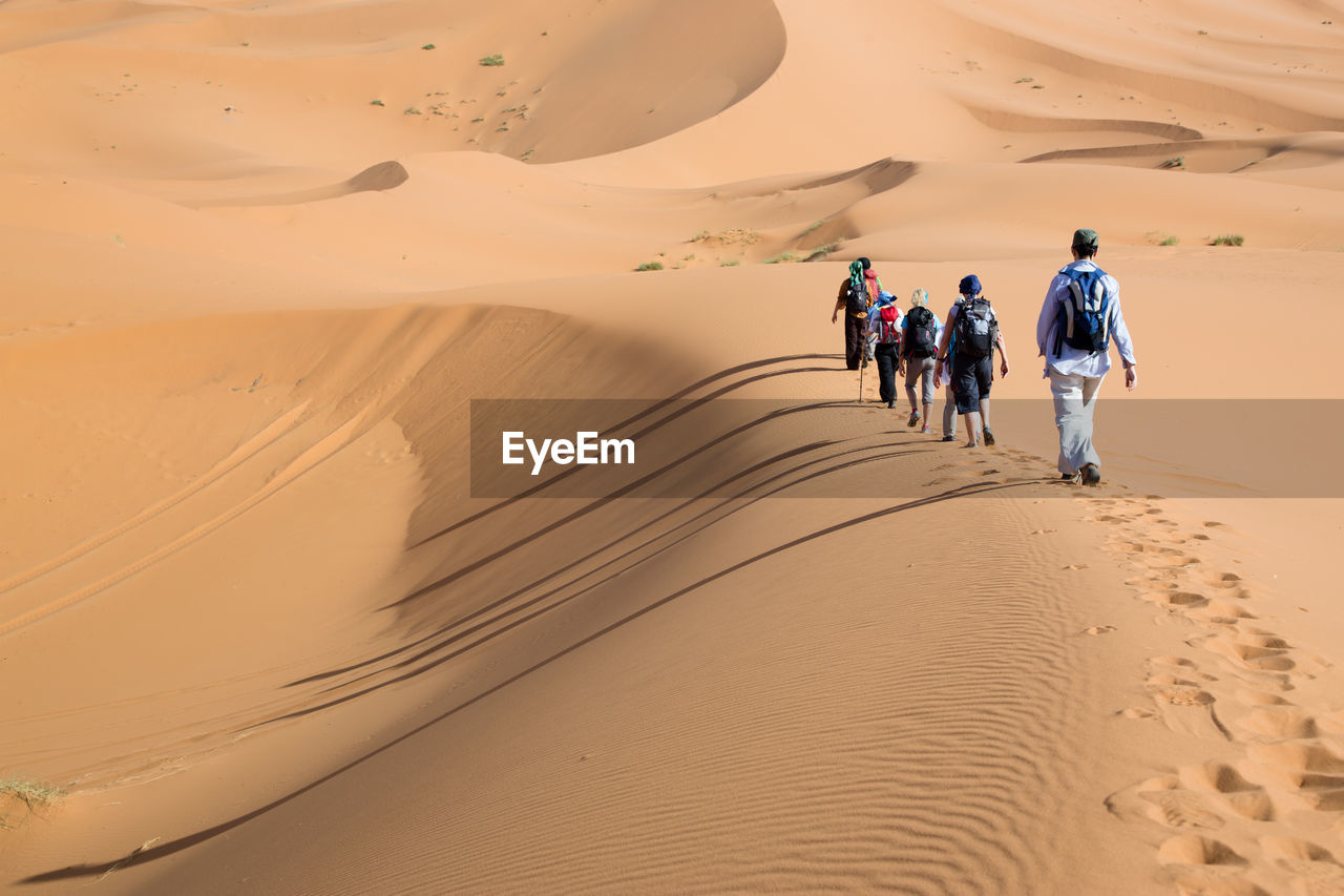 Tourists walking in desert