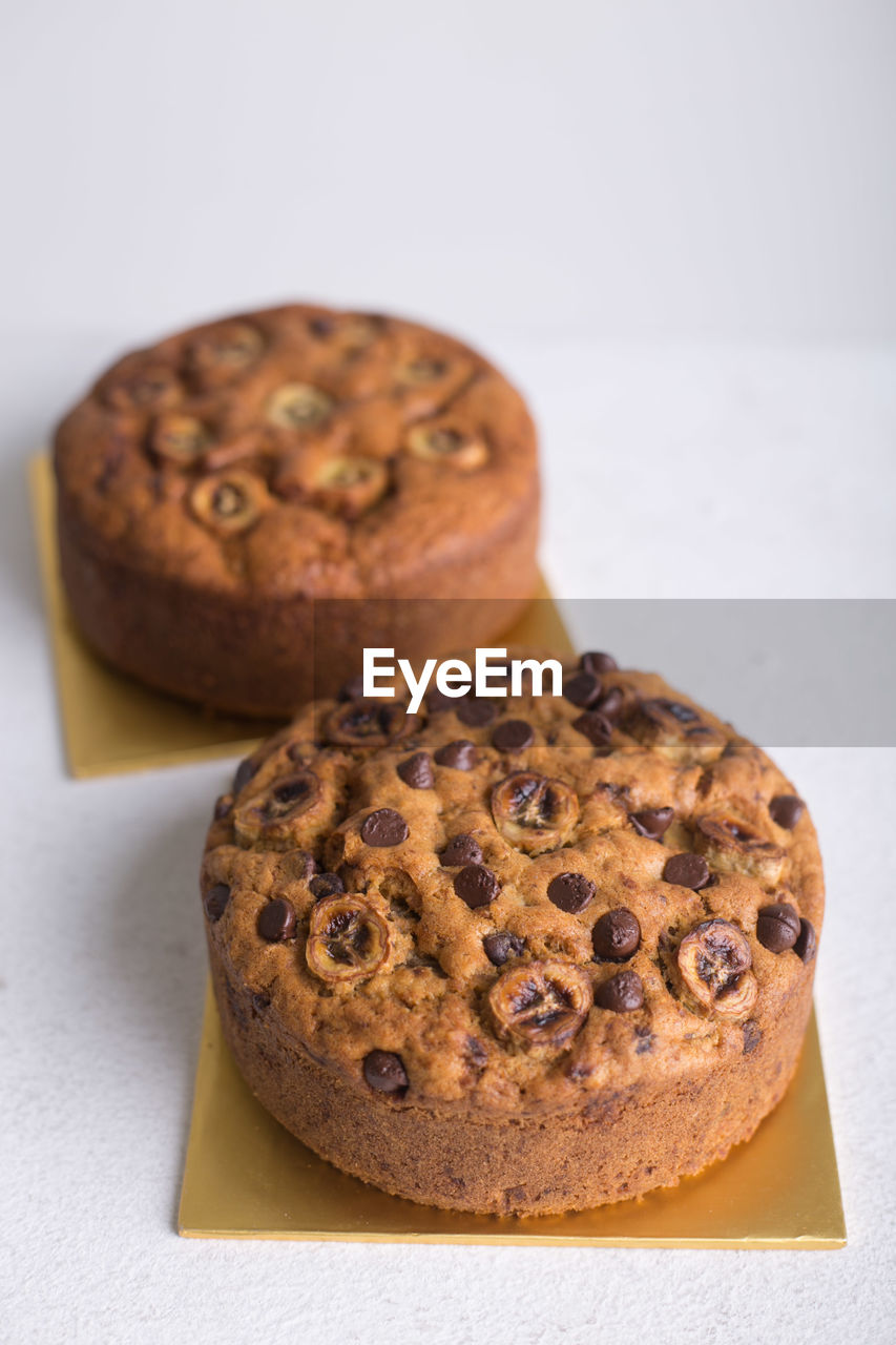 Close-up of banana chocolate chip cake