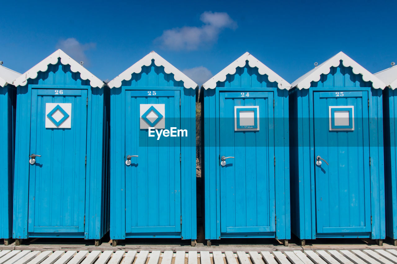 Blue beach huts in saint-gilles-croix-de-vie on the côte de lumière, in the vendée department