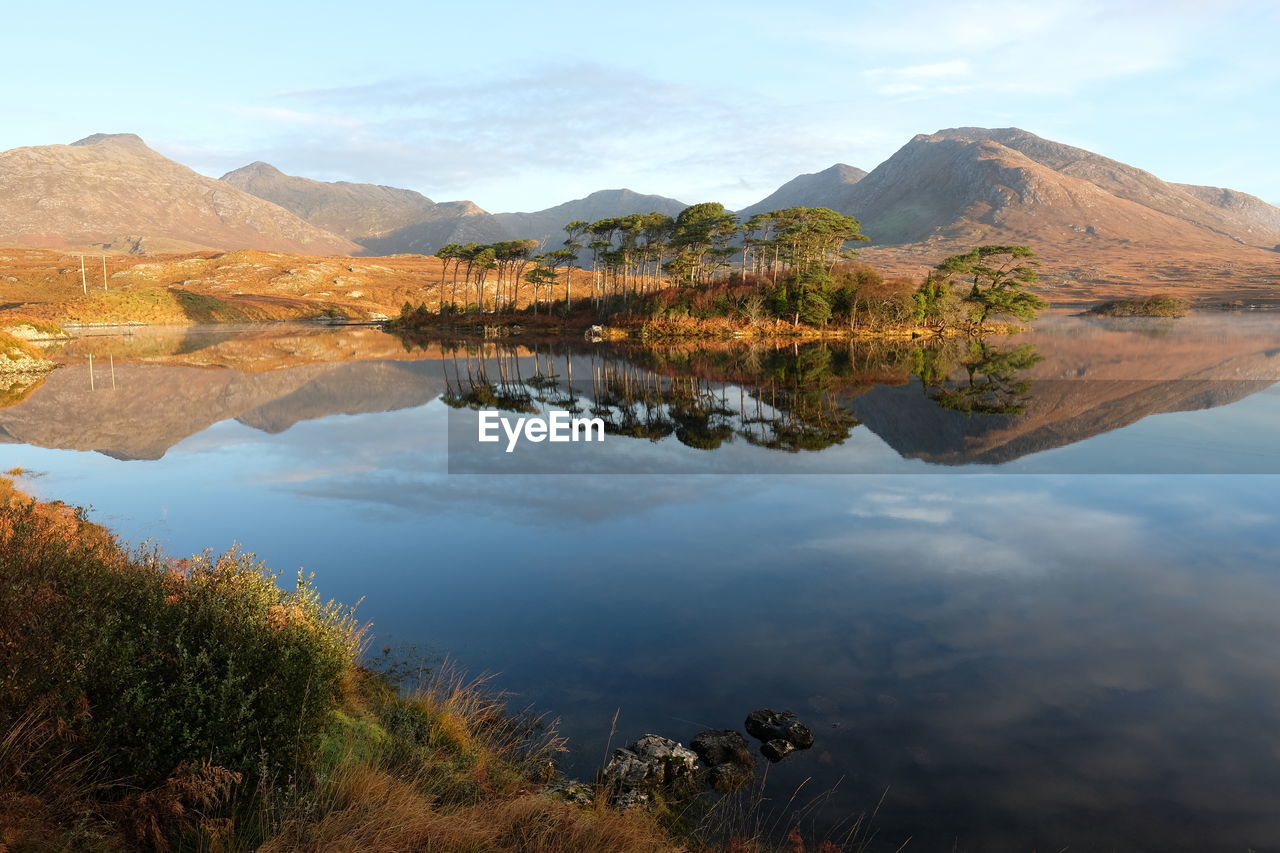 Scenic view of lake and mountains against sky