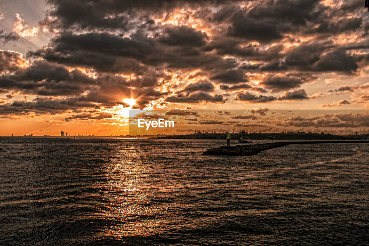 Scenic view of sea against dramatic sky