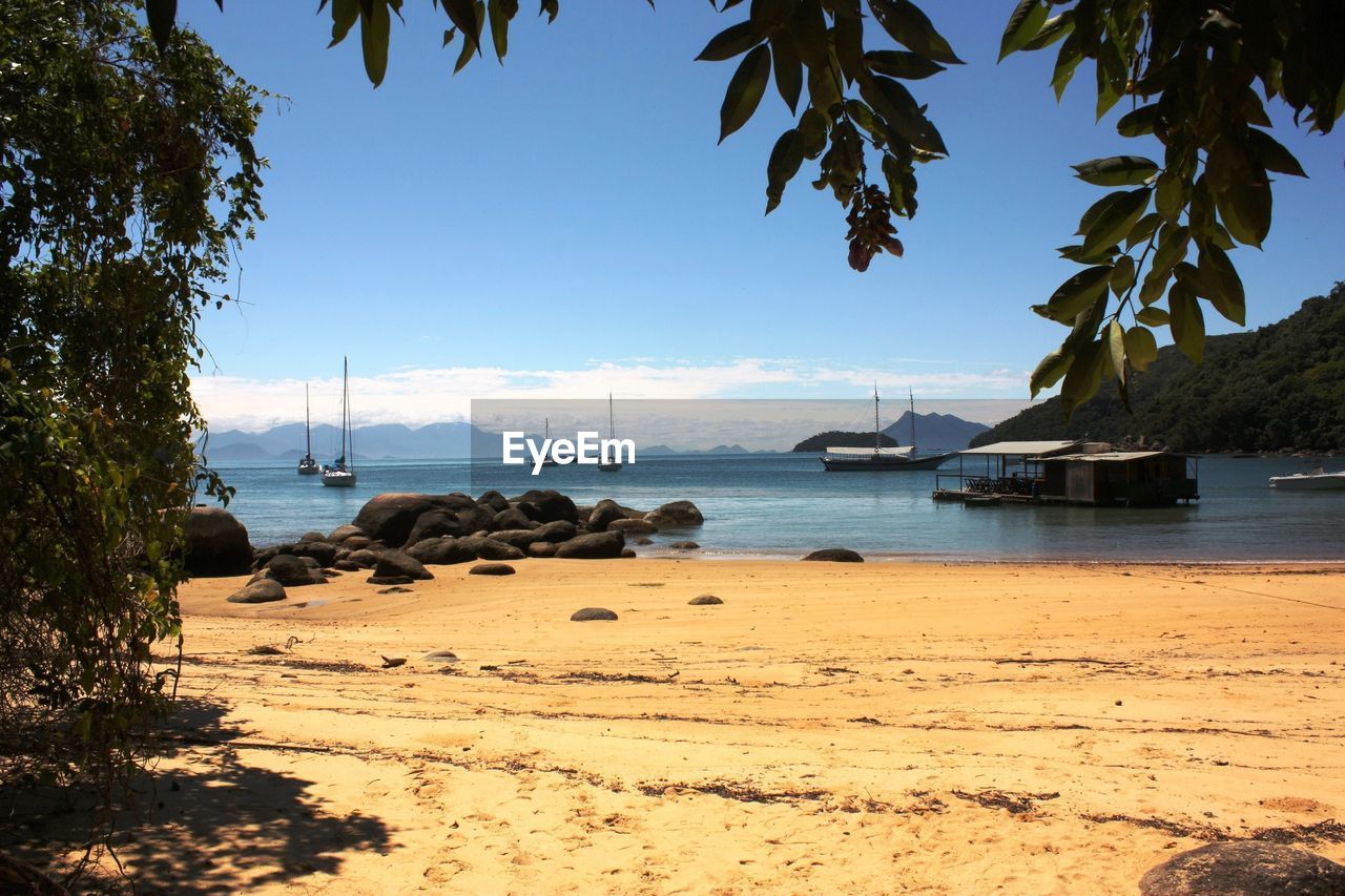 Scenic view of beach against clear blue sky