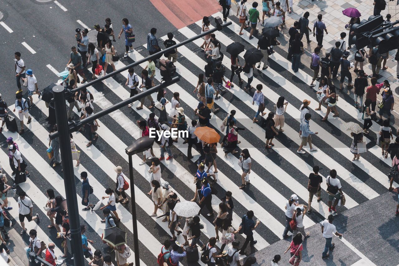 High angle view of crowd walking on zebra crossing