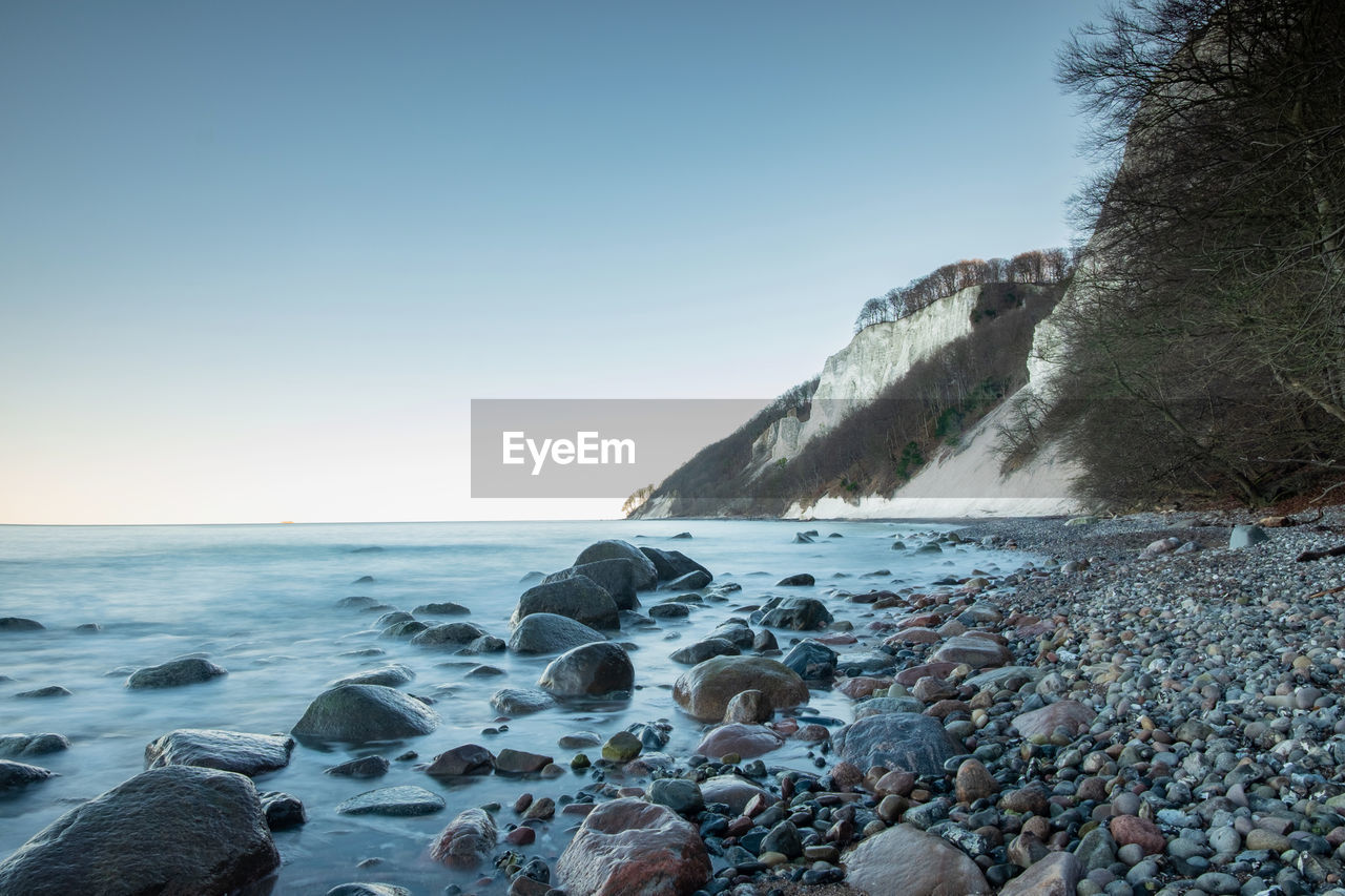 Baltic sea coast at jasmud park. cold autumn morning at sassnitz, germany. white chalk soil erosion.