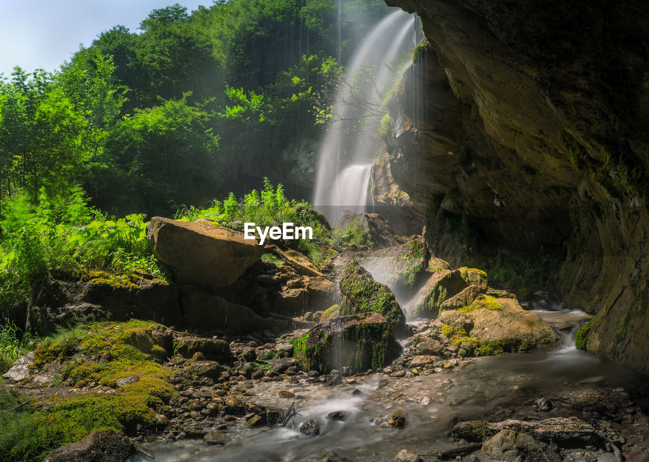 View of waterfall in forest.