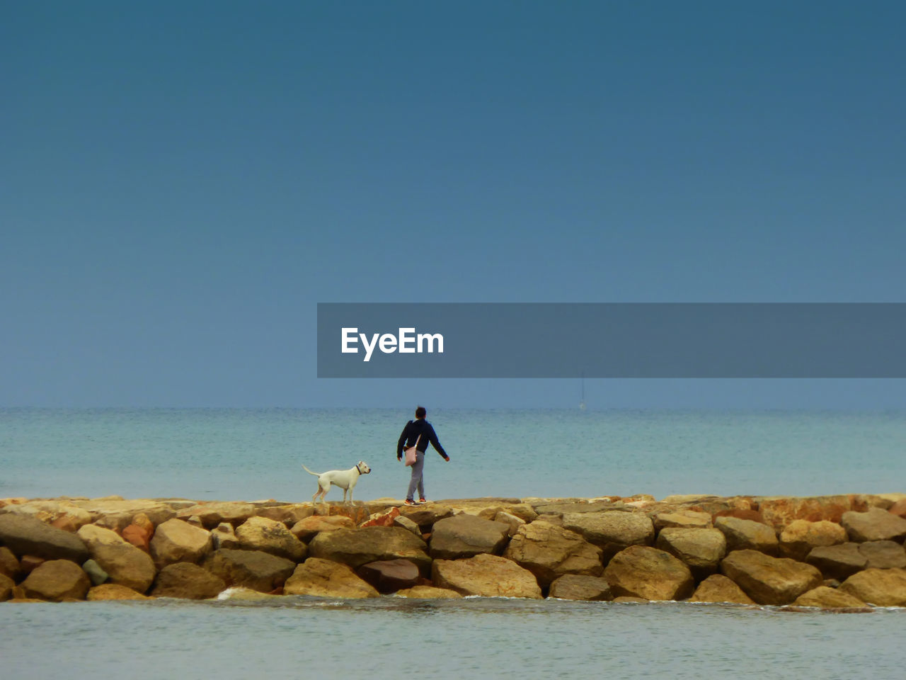 Mid distance view of man with dog walking on groyne against blue sky