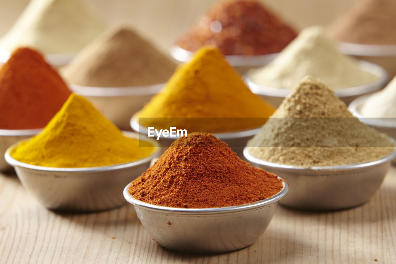 Close-up of various spices in containers on table