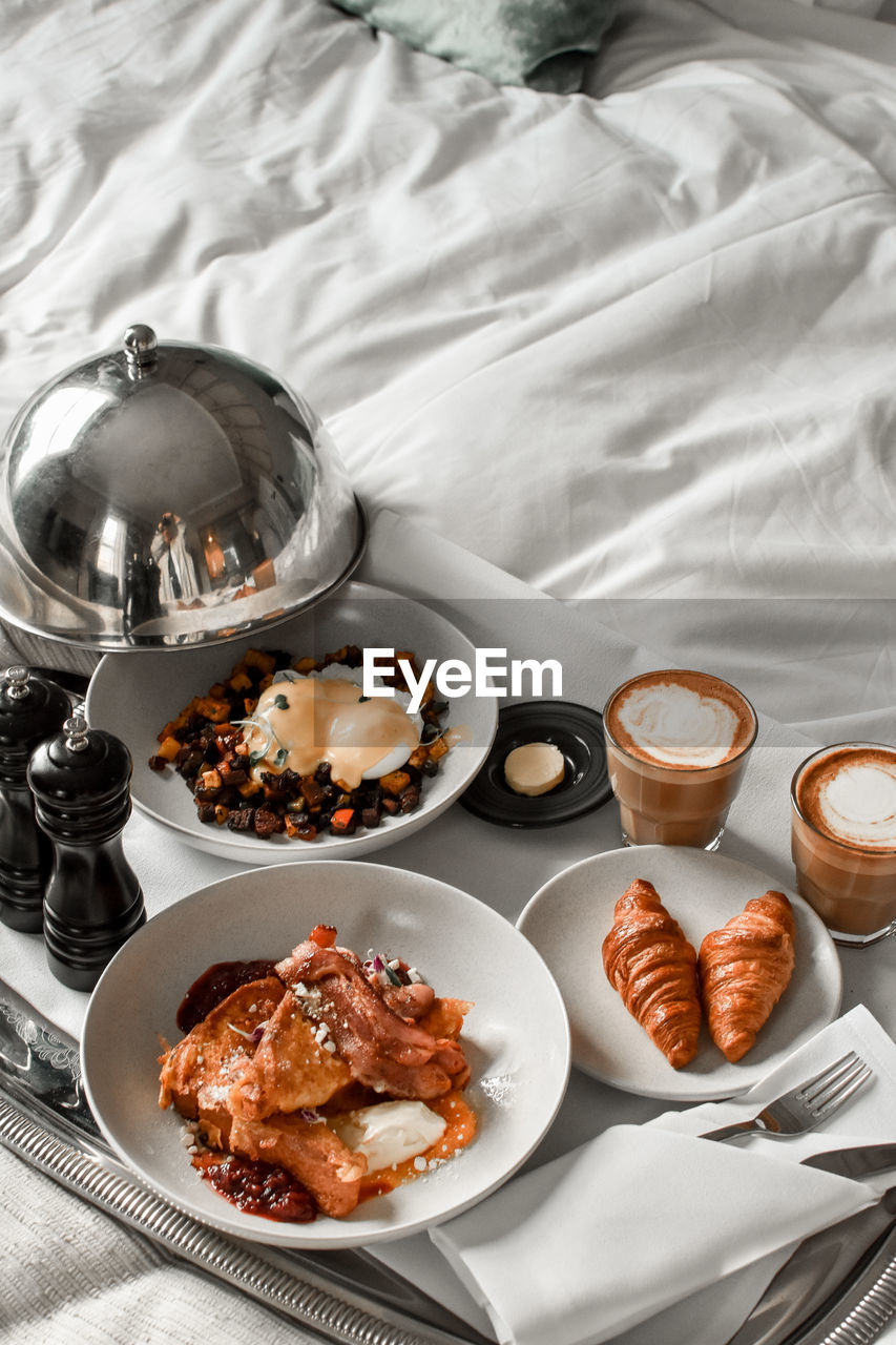 High angle view of breakfast on bed at home