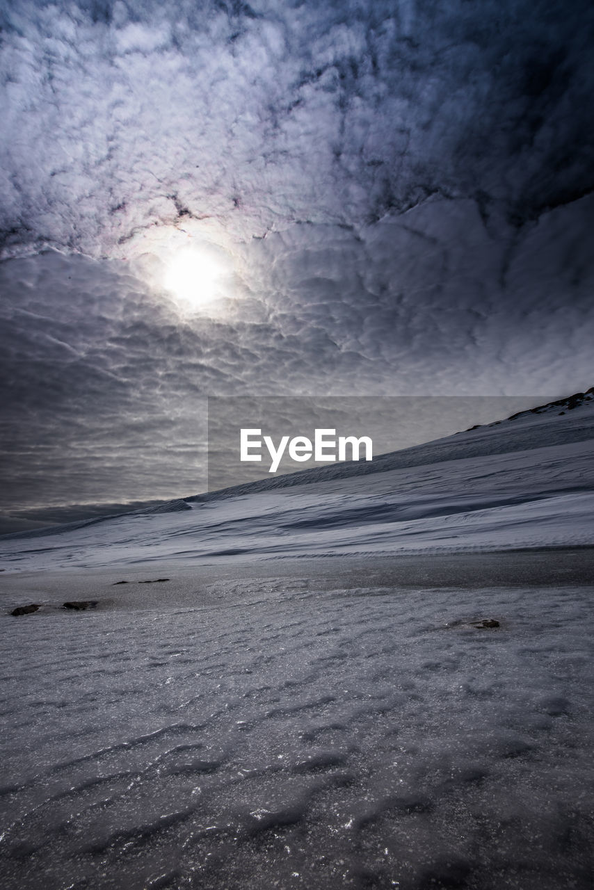 SCENIC VIEW OF SNOWCAPPED LANDSCAPE AGAINST SKY AT SUNSET