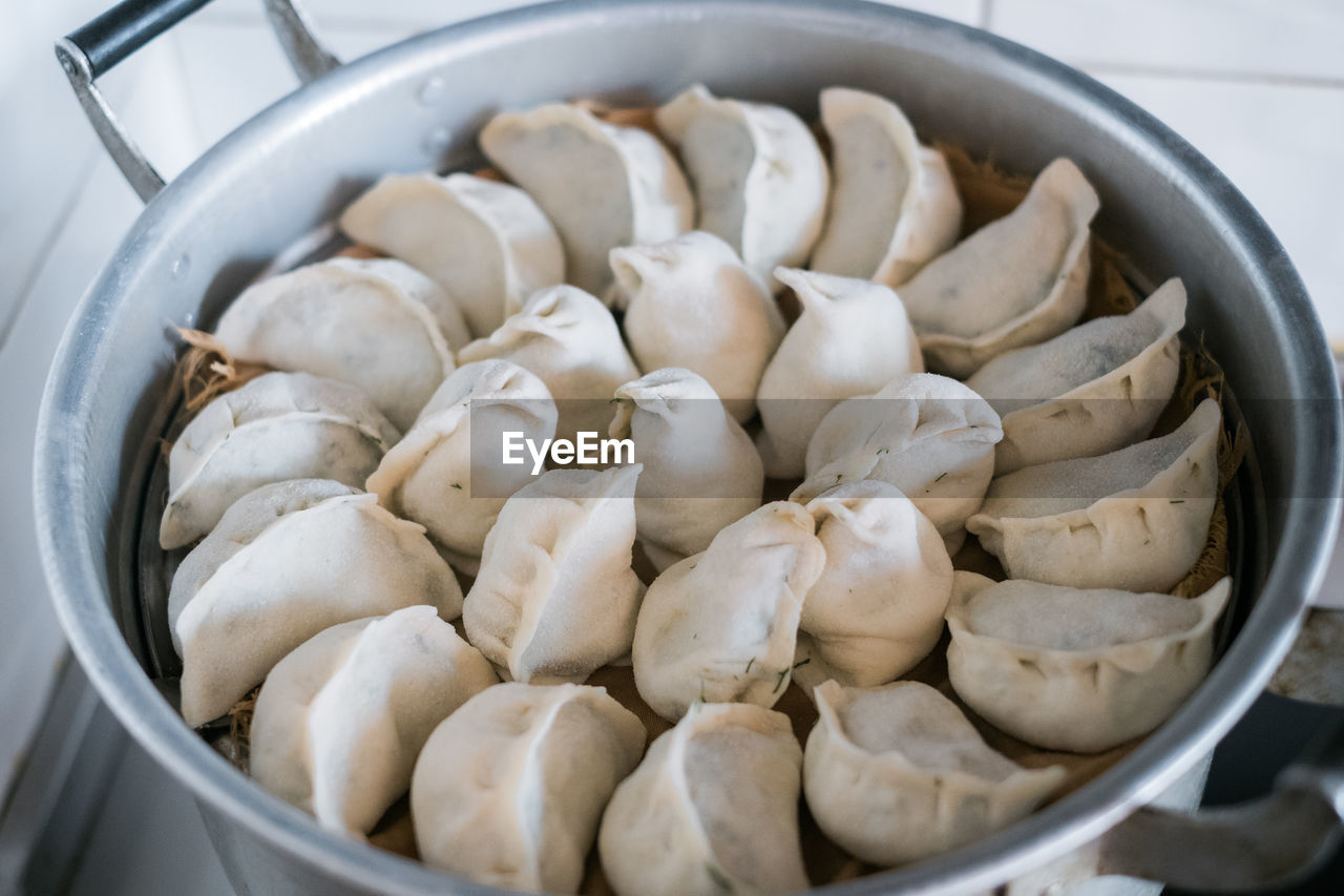 High angle view of chinese dumpling in container