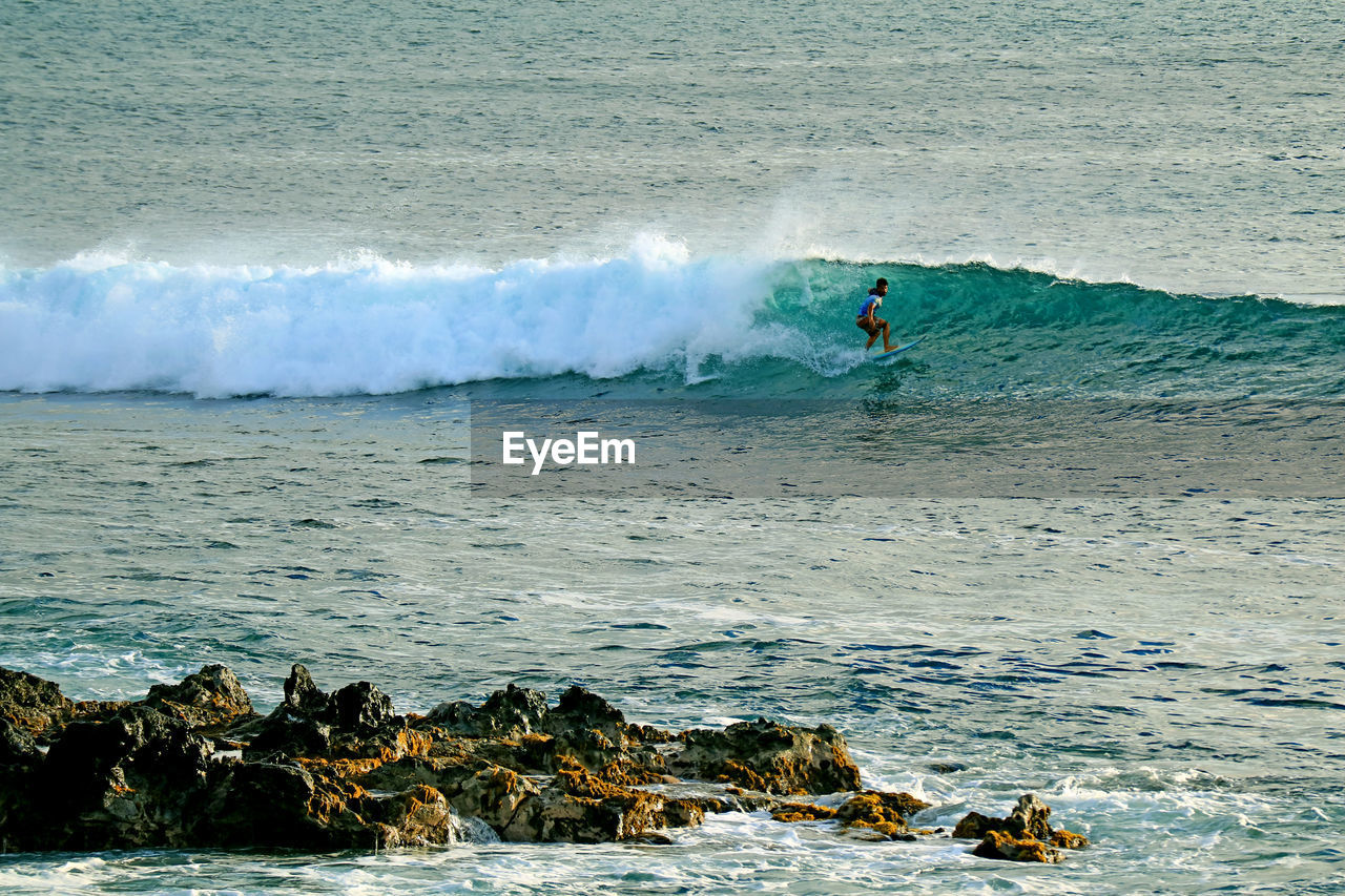 A talented surfer riding on the big waves in pacific ocean at of hanga roa, easter island, chile