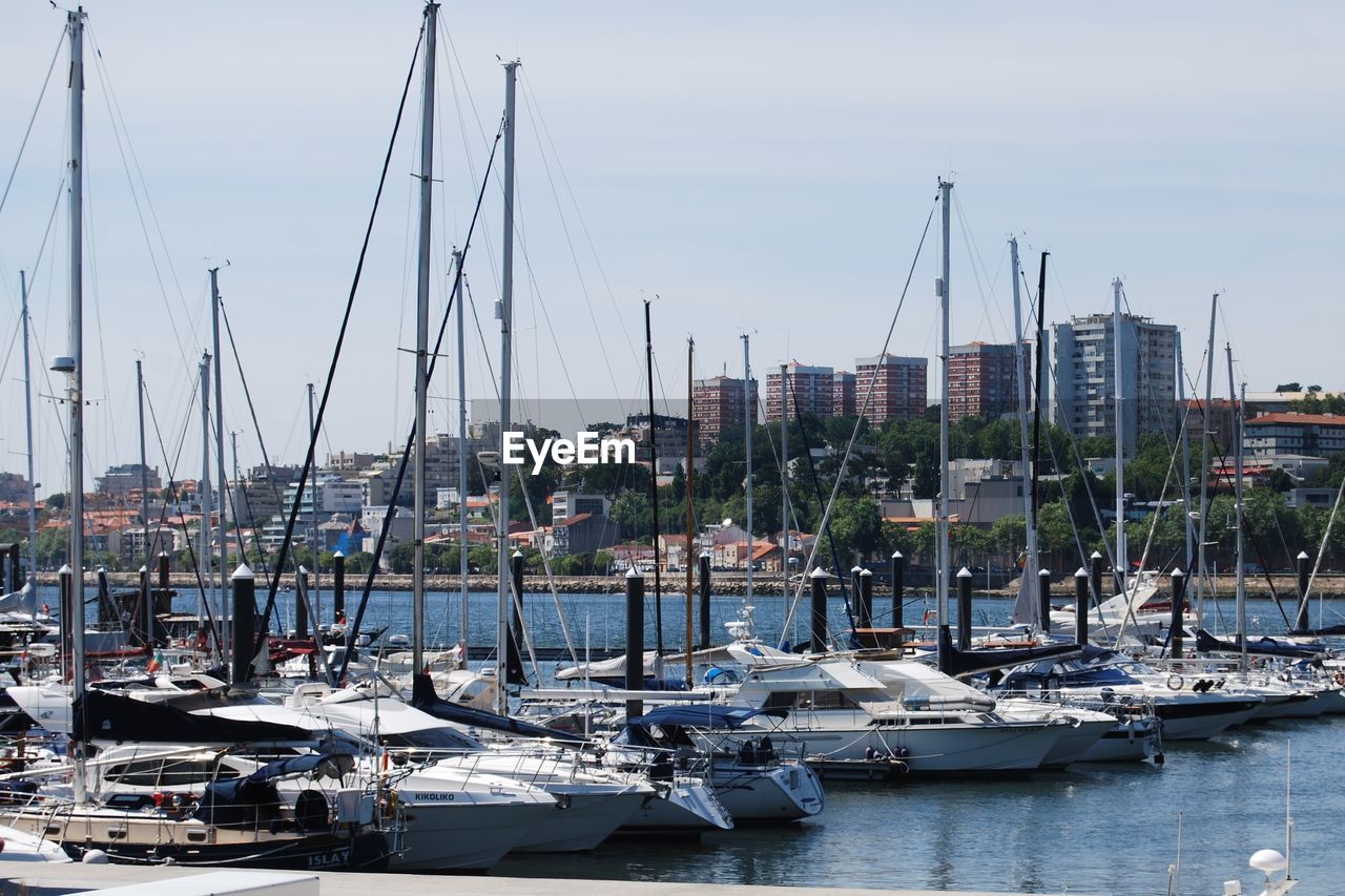 Sailboats moored in river against sky on sunny day