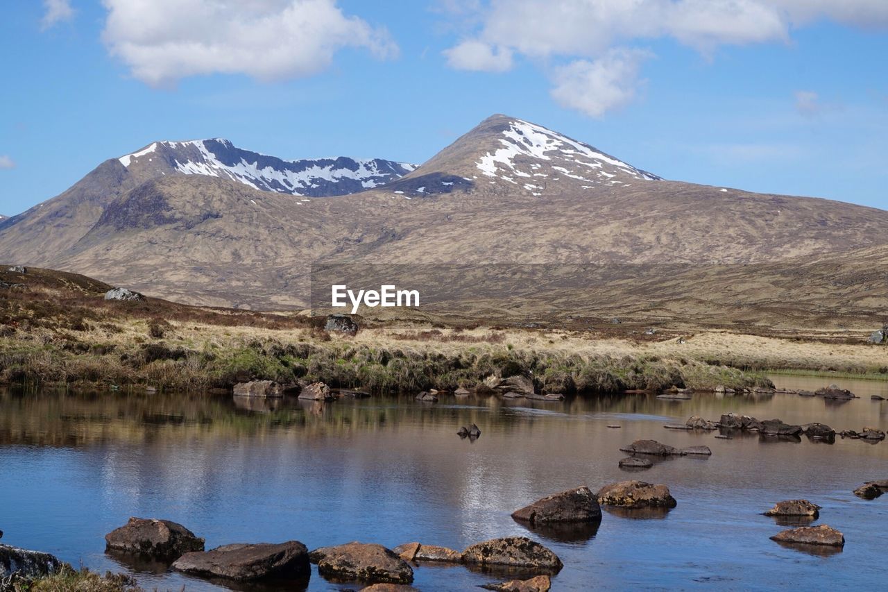 Scenic view of lake and mountains against sky