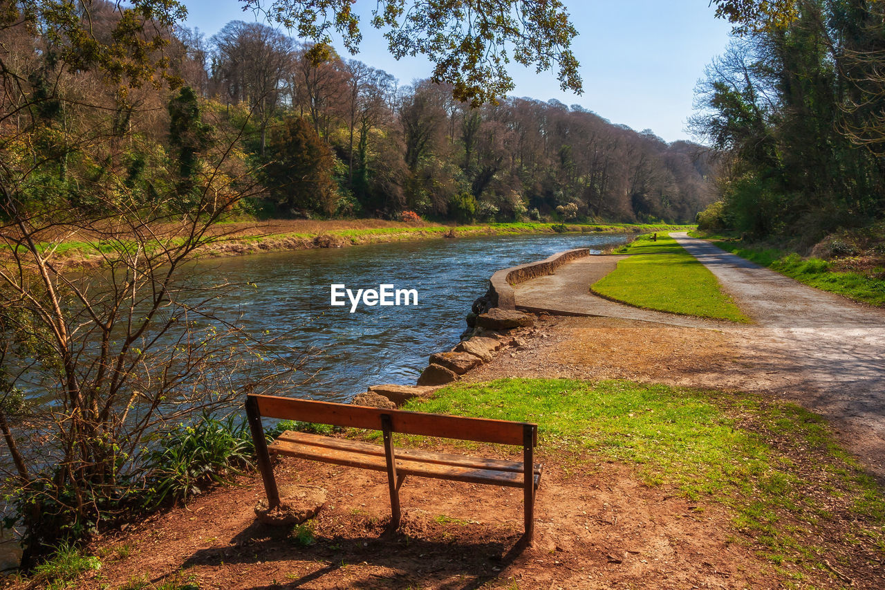 EMPTY BENCH BY LAKE AGAINST TREES