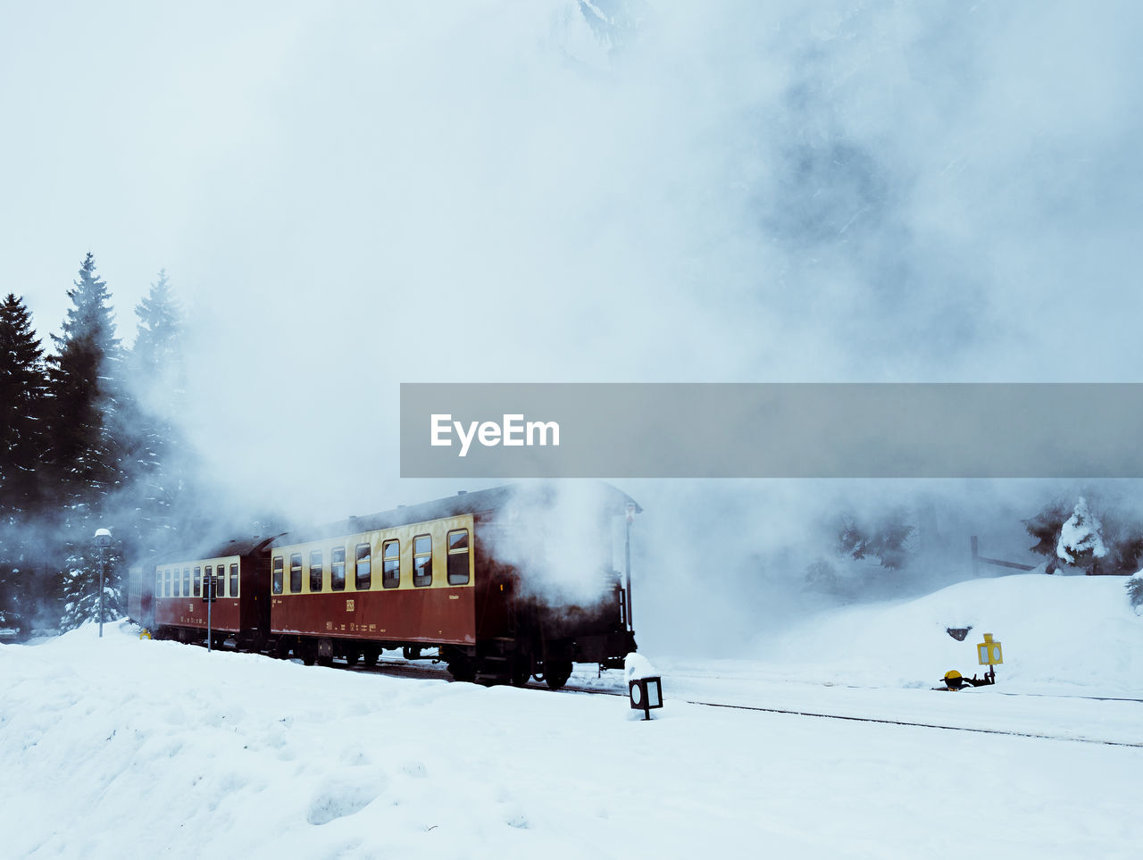 TRAIN ON SNOW COVERED TREES AGAINST SKY