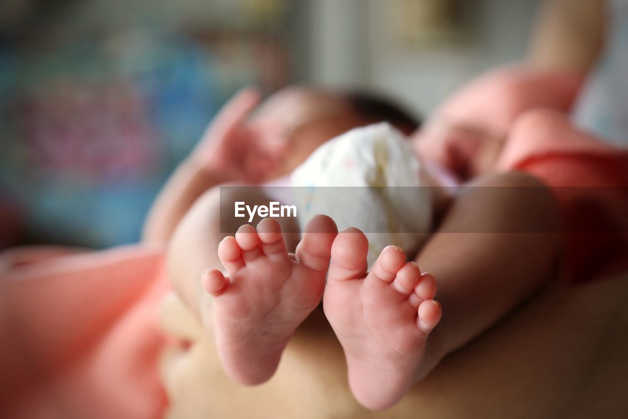 Close-up of baby lying on bed
