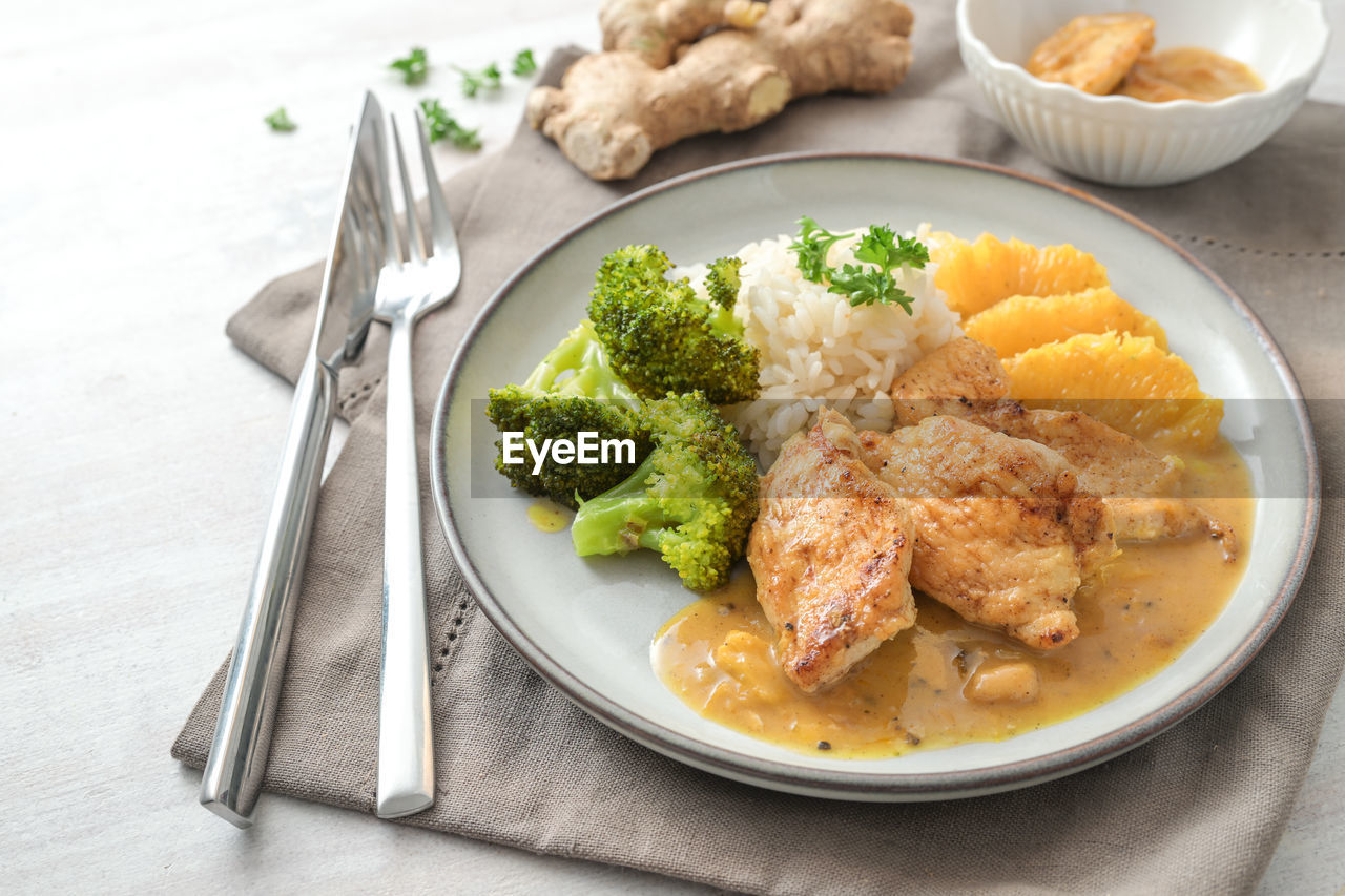 close-up of food served in plate on table